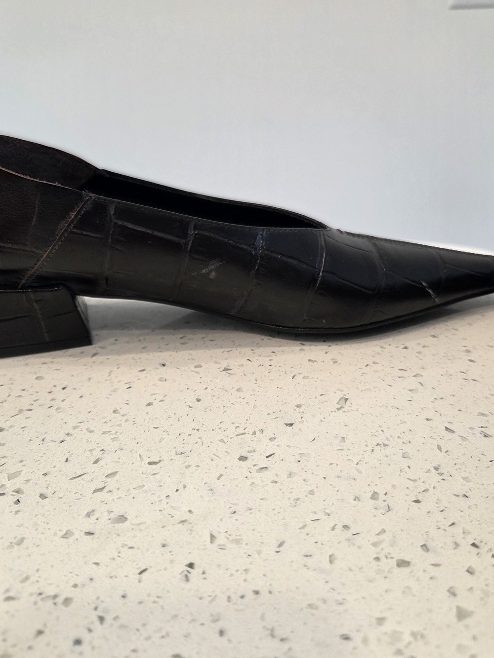 Black Croc-Embossed Pointed Toe Leather Flats - Picture 5 of 13